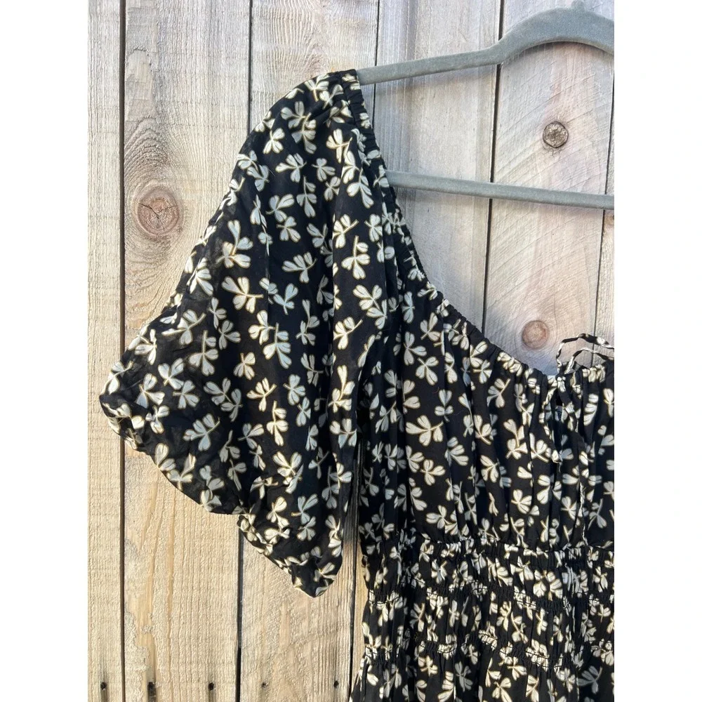 Tory Burch S Black Floral Smocked Midi Dress Butterfly Puff Sleeve Boho Romantic